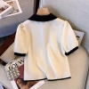 Real photo of plus-size women's clothing 2022 summer new Korean-style fashionable lapel puffed-sleeve apricot top design sense T-shirt Specification image